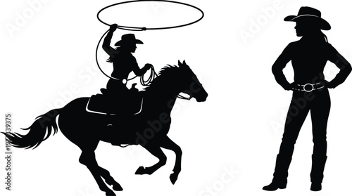 Cowboy silhouettes illustration, horse rider with lasso, western culture, ranch lifestyle, rodeo artwork, cowboy standing figure, wild west vector design