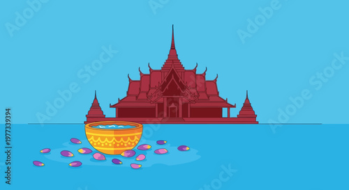 Thai Temple on Water with Golden Bowl Floating Petals Serene Buddhist Architecture Blue Sky Calm Lake Peaceful Asian Landmark Cartoon Vector Illustration