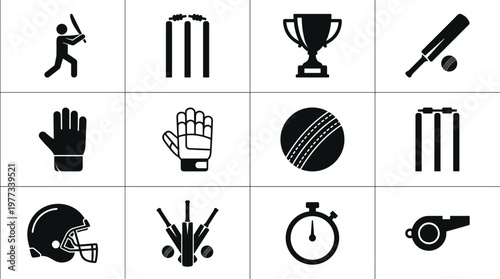 Cricket icons, sports silhouettes, bat ball vector set, trophy cup, stumps wicket, helmet glove, stopwatch whistle, cricket equipment design