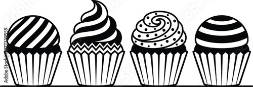 Cupcake silhouettes, dessert icons, sweet treat vector, black and white frosting, bakery design, minimalist food illustration, pastry graphic, cupcake art