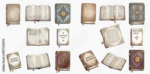 Collection of vintage books, open and closed, with decorative covers and aged pages, perfect for historical or fantasy themes.