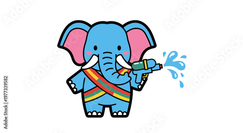 Cute Cartoon Elephant Holding Water Gun Shooting Splash Rainbow Sash Playful Fun Animal Character Isolated on White Background Vector Illustration
