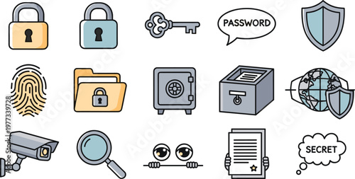 Kawaii Security and Privacy Icons Set with Padlock, Key, Fingerprint, Safe, Password, and Secret for Digital Protection and Data Security