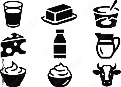 Dairy product silhouettes, milk butter cheese icons, yogurt sour cream vector, cow head symbol, healthy food design, black dairy illustration