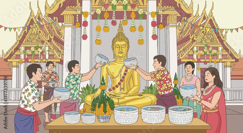 Vibrant Thai Songkran Festival Cartoon Illustration People Pouring Water on Golden Buddha Statue Ornate Temple Flower Garlands Traditional Celebration Vector Art