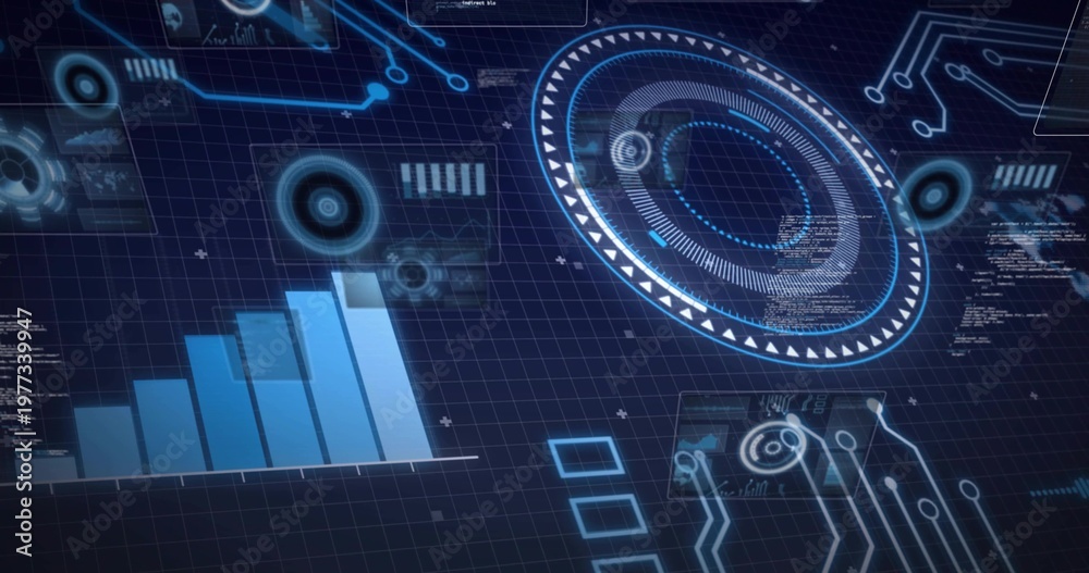 Fototapeta premium Projecting concentric circular HUD across dark blue grid, with stacked bars and circuit traces