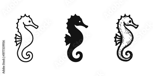 Slika na platnu Seahorse marine animal icon set in outline solid and hand drawn styles