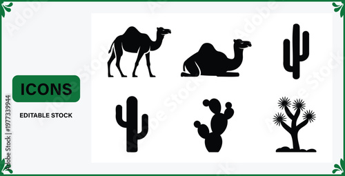 Collection of desert icons including camels and cacti on white background for design and illustration purposes  various black silhouettes