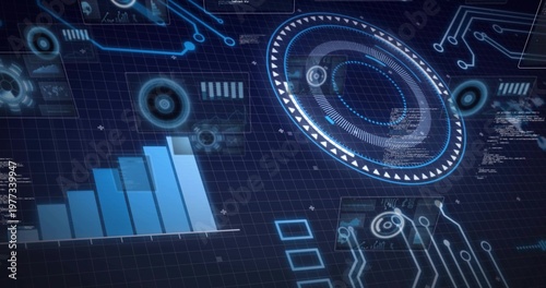 Projecting concentric circular HUD across dark blue grid, with stacked bars and circuit traces