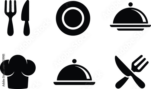 Dining icons silhouettes, food service vector, chef hat illustration, fork knife plate design, restaurant cloche art, black culinary symbol collection