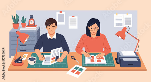 Man and Woman Working Together at Desk.