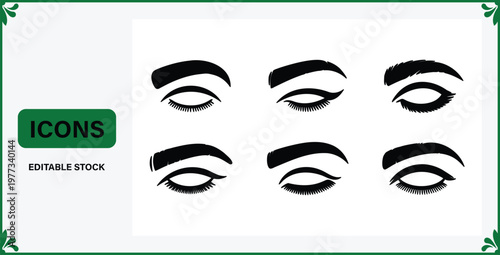 Set of six different eye icons with various eyebrow and eyelash styles on white background with green border