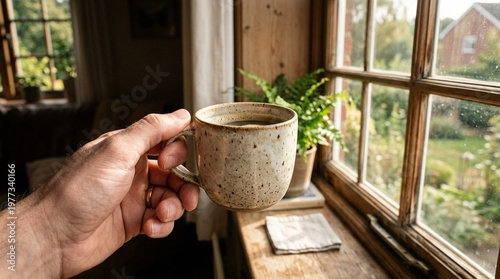 Person holding ceramic coffee mug by rustic window with green plants outside