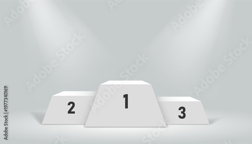 Illuminated Three Tier Winners Podium with Numbered Platforms Under Dramatic Spotlights on Neutral Background