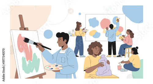 Diverse people creating art in colorful studio with vibrant lighting for creative workspace