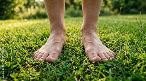 Bare Feet Standing on Lush Green Grass in a Sunny Outdoor Setting