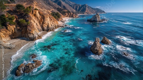 Aerial Stunning Coastline with Turquoise Water and Rocky Cliffs Landscape