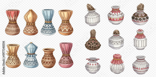 Set of decorative ceramic vases and pots with intricate patterns, watercolor style illustration on transparent background.
