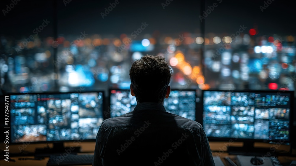 Fototapeta premium Back View Mysterious Man Looking at Multiple Monitors at Night City