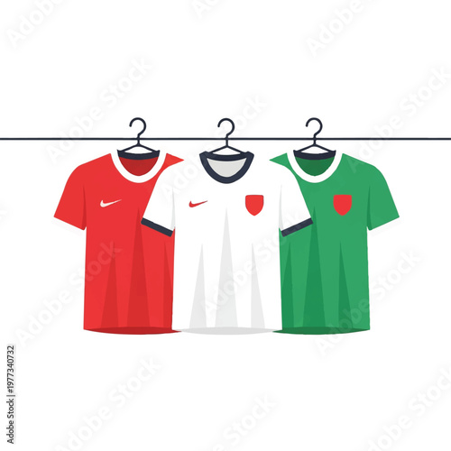 Three stylized soccer jerseys in red, white, and green hanging neatly on a minimalist line, representing the host nations' colors, bright and clean aesthetic, flat vector illustration, solid