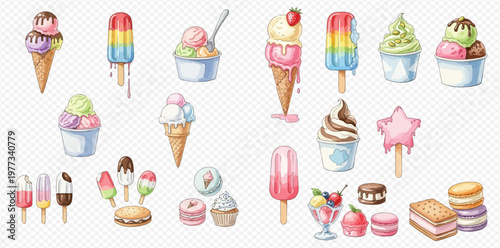 Watercolor collection of delicious ice cream cones, popsicles, and various frozen desserts for summer treats.
