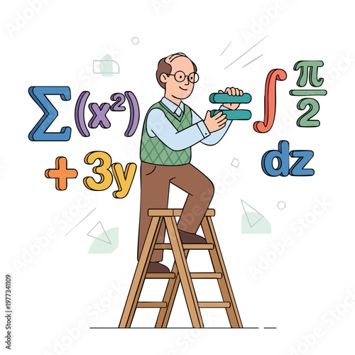 Elderly man on ladder with mathematical symbols.