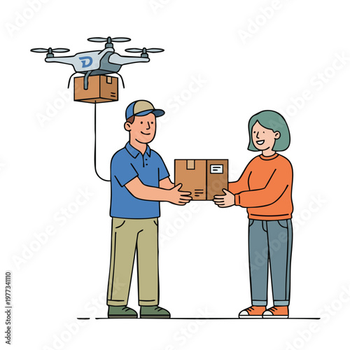 Drone delivery service person handing package to customer.