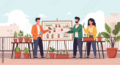 People Discussing Plants on Terrace.