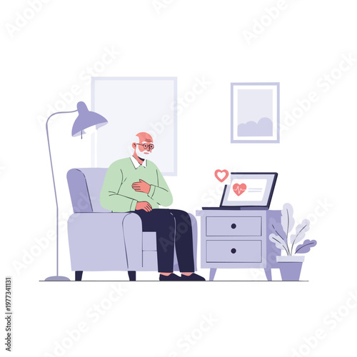 Elderly man sitting in armchair with heart health monitor on laptop.