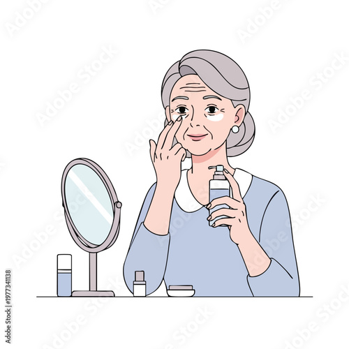 Elderly Woman Applying Eye Cream in Front of Mirror.