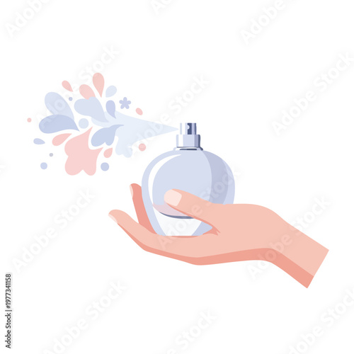 Elegant Hand Holding Perfume Bottle Spraying Fragrance.