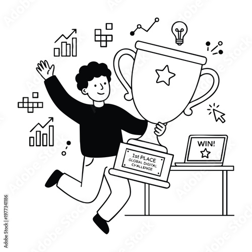 Excited Person Holding a First Place Trophy Celebrating Success.