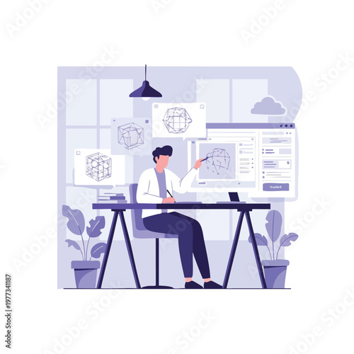 Engineer working on 3D models on computer screen.