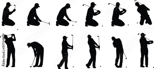 Male golfer swinging club sequence silhouette
