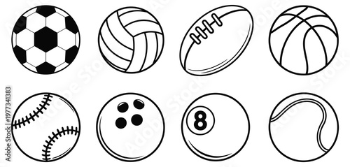 Sport, balls icon set, vector illustration, football, basketball, tennis, baseball, soccer, volleyball symbols, athletic equipment, game icons, flat vector graphics for sports design, fitness apps, 