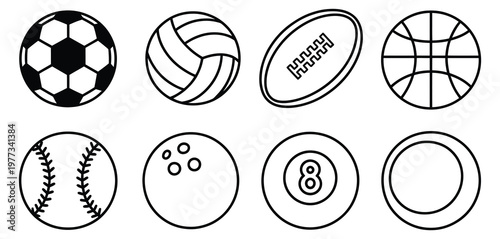 Sport, balls icon collection, vector illustration of football, basketball, tennis, baseball, soccer, and volleyball, athletic equipment symbols, flat vector graphics for sports design, fitness 