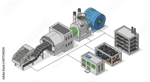 Isometric illustration of a power plant with interconnected industrial buildings.