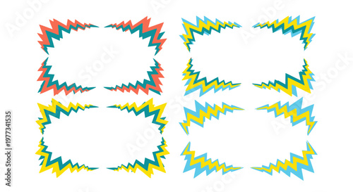 Set of colorful abstract vector frames with jagged edges and lightning bolt patterns on a white background, eps illustration