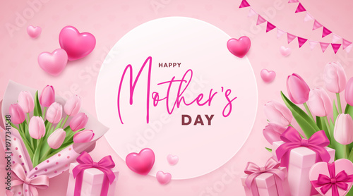 Happy Mother’s Day Background with Tulips Flowers and Gift Boxes
