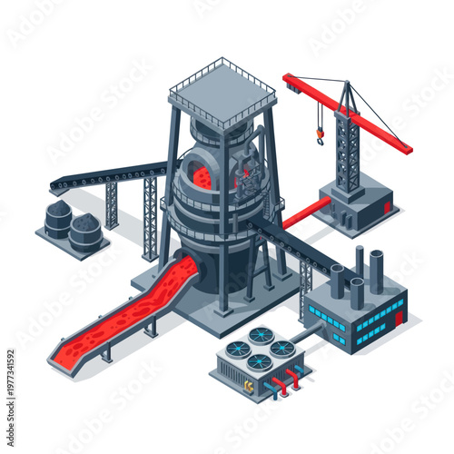 Isometric illustration of a steel production plant with blast furnace.