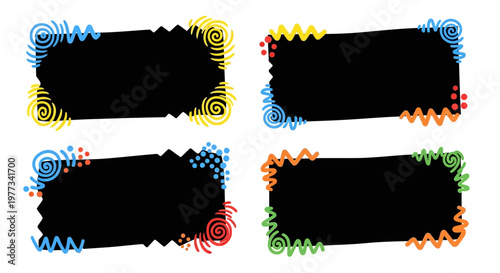 Four black rectangular frames with colorful, abstract, child-like decorative borders, vector illustration