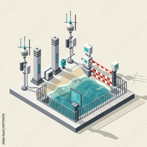 Isometric illustration of a water treatment plant with various antennas and communication towers.