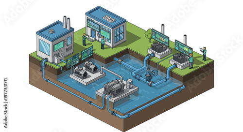 Isometric illustration of a water treatment plant and purification process.