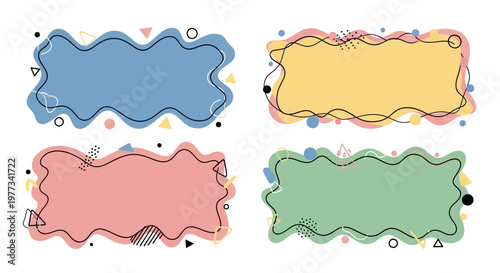 Abstract colorful wavy shapes with black line art elements, vector graphic elements for design