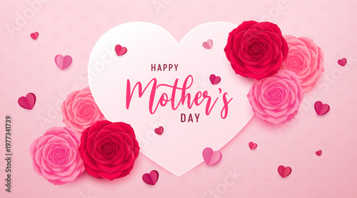 Happy Mother’s Day Background with Heart Frame and Roses Decoration