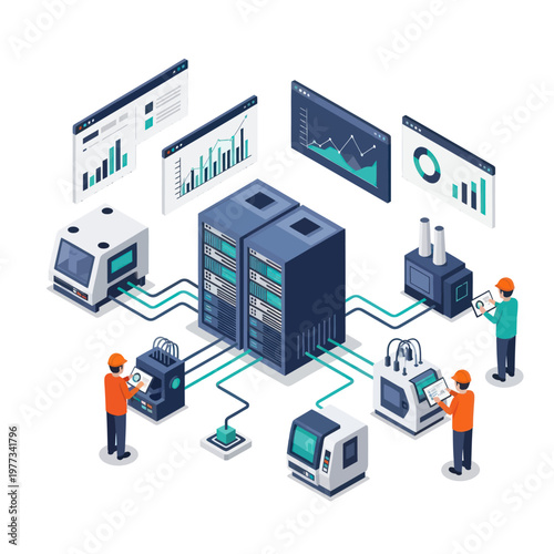 Isometric illustration of industrial data management and analytics.