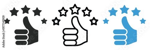 Customer Review and Satisfaction Icon Set, Featuring Thumbs Up and Five Stars, Representing Ratings, Feedback, Quality, and User Experience Concept, Vector Illustration.