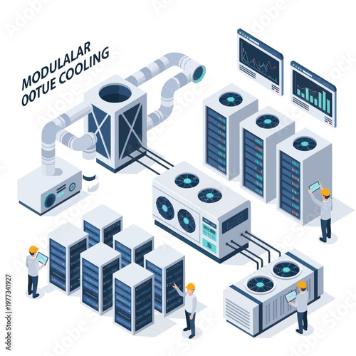 Isometric illustration of modular outdoor cooling system for data centers.
