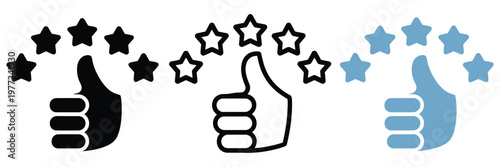 Customer Review and Satisfaction Icon Set, Featuring Thumbs Up and Five Stars, Representing Ratings, Feedback, Quality, and User Experience Concept, Vector Illustration.