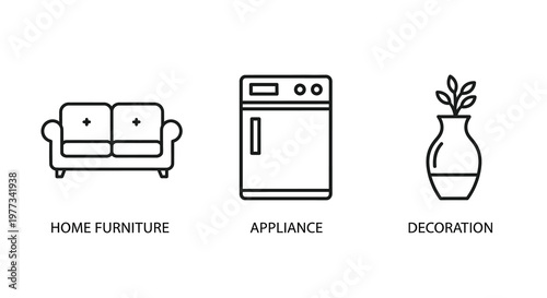 Line art icons depict furniture appliances and plants silhouette
